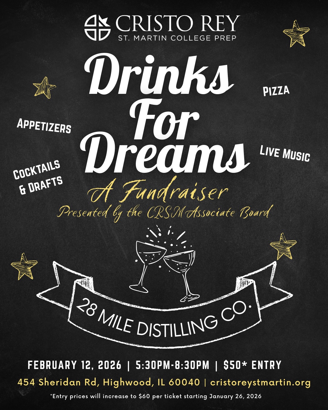 Looking for a great night out with a purpose?

Join the Cristo Rey St. Martin Associate Board on February 12 for Drinks for Dreams, a fundraiser supporting CRSM students and their futures!

🍸 Cocktails | 🍕 Pizza | 🎶 Live Music
🎟️ $50 entry (price increases Jan. 26)

Get your tickets now through the link in our bio before prices increase!

#DrinksForDreams #CRSMAssociateBoard #weareCRSM