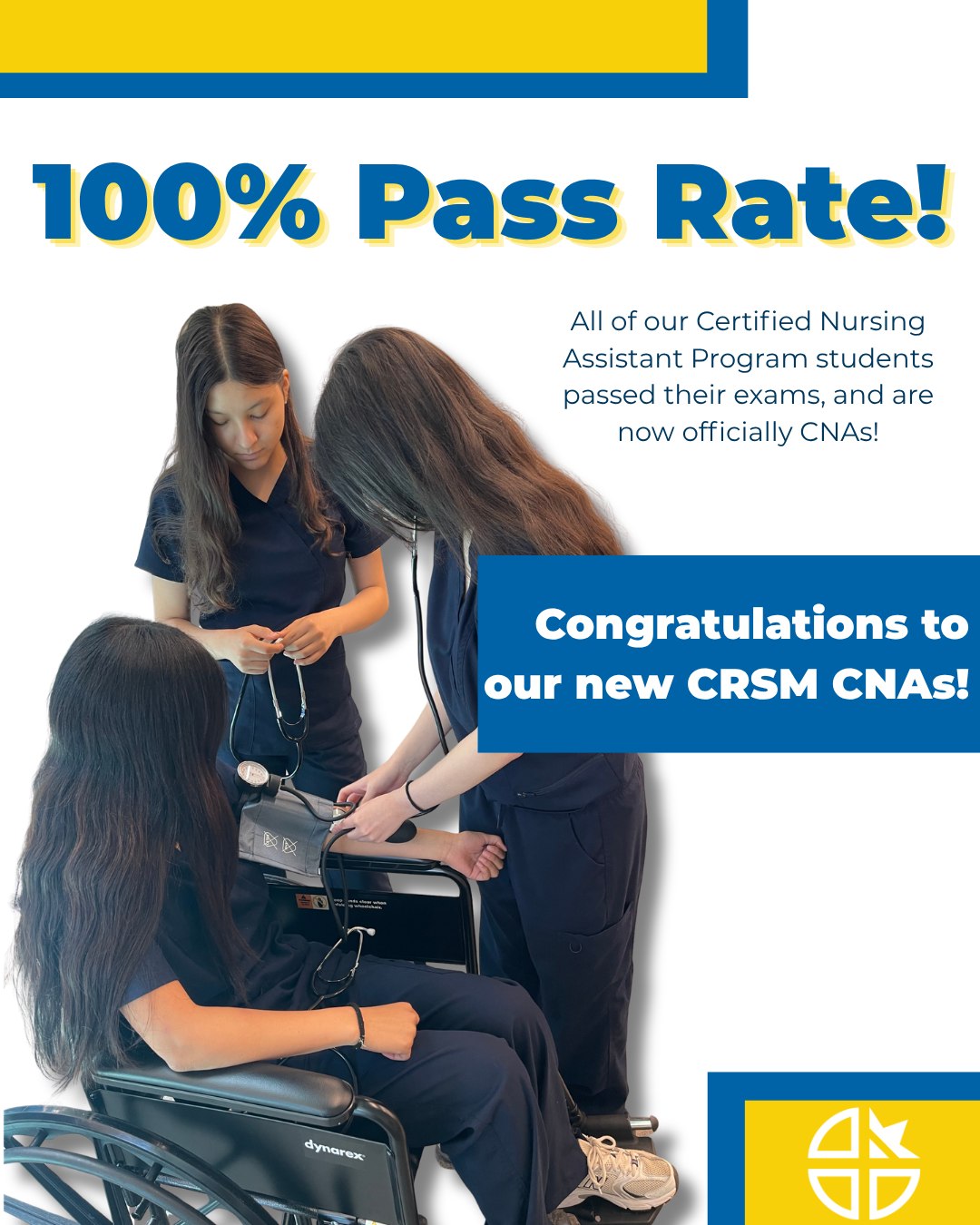 🎉 100% PASS RATE! 🎉

Every CRSM student who participated in our CNA program this past summer passed the CNA competency exam (INACE) and is now officially a CNA! 🩺💙💛

With statewide historical pass-rate averages typically between 75% and 82%, our students continue to demonstrate what they can accomplish when talent, hard work, opportunity, and support come together.

A huge THANK YOU to @dominicanu for partnering with us to make this incredible opportunity possible for our students. 

Please help us celebrate our newest CRSM CNAs! We are so proud of you! 

100% pass rate. Way to represent CRSM!

#weareCRSM #CNAs #CertifiedNursingAssistant #HealthcareCareers  #DominicanUniversity