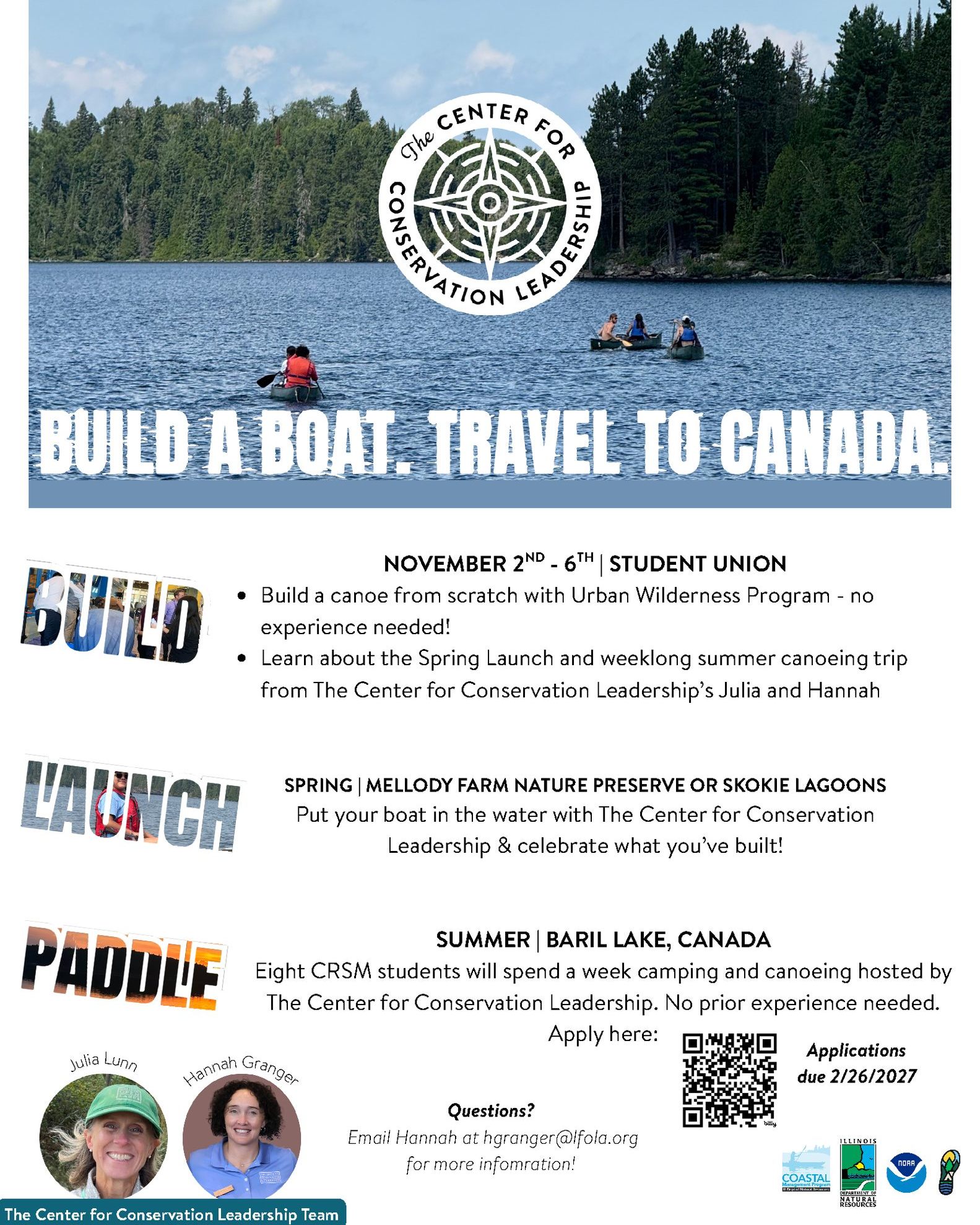 Calling all CRSM adventurers! 🛶 From building a canoe to exploring the outdoors, here’s what’s ahead:

🛠 November 2–6: Help build a canoe with Urban Wilderness Program in the Student Union. No experience needed!

🌊 Spring: Celebrate your work by launching the canoe with The Center for Conservation Leadership.

🌲 Summer: Eight CRSM students will have the opportunity to spend a week camping and canoeing at Baril Lake, Canada, hosted by The Center for Conservation Leadership. No prior experience needed!

Interested in the summer trip? Scan the flyer’s QR code to apply by February 26, 2027. Questions? Contact Hannah at hgranger@lfola.org.

#weareCRSM #OutdoorAdventure #LearningBeyondTheClassroom