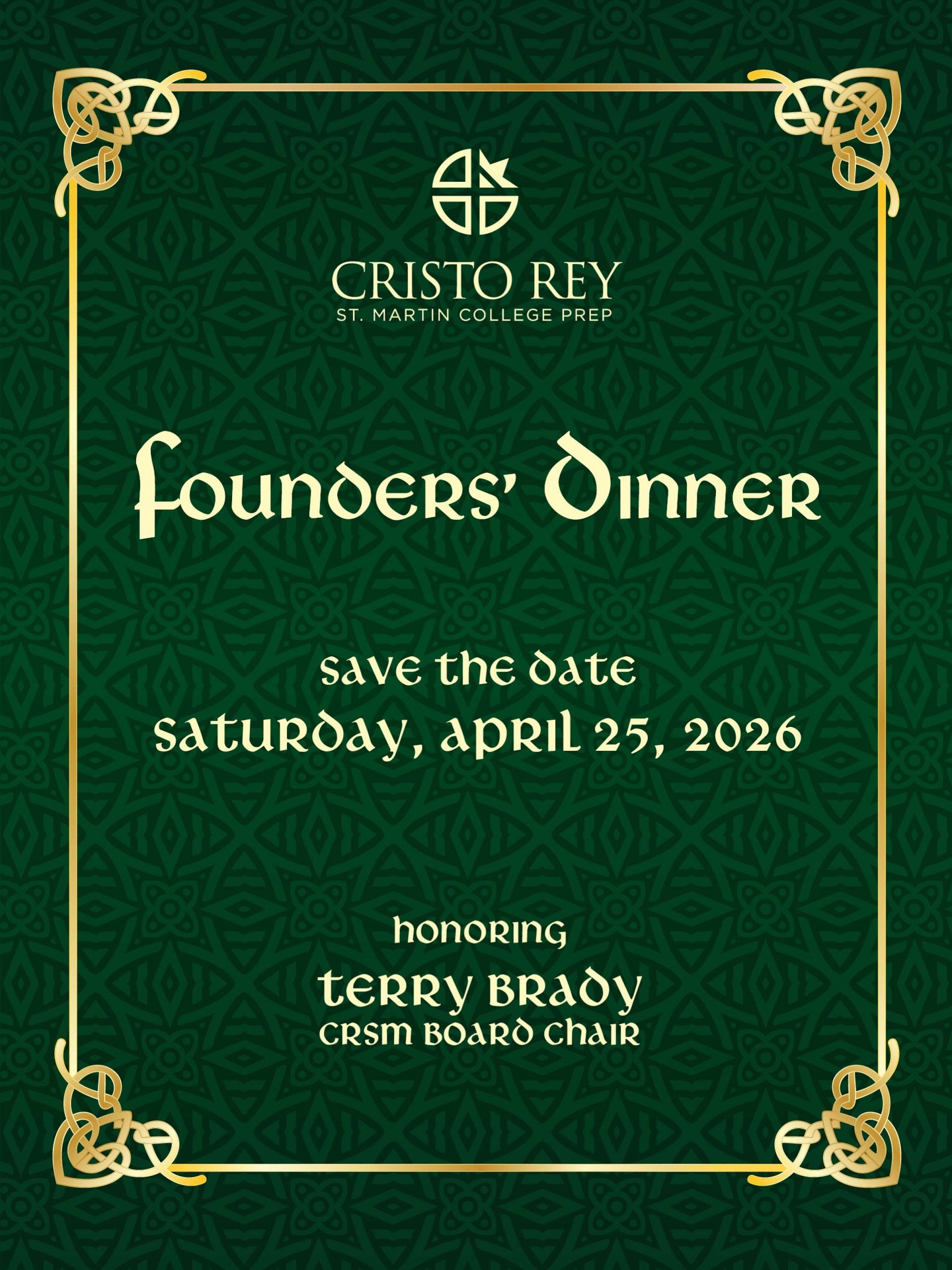 ☘️ Save the Date for Founders’ Dinner 2026 ☘️ 

📅 Saturday, April 25, 2026

Join us as we celebrate our mission, our community, and our founders—honoring Terry Brady, CRSM Board Chair.